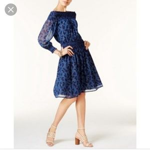 MICHAEL Michael Kors Navy Blue Printed Off-Shoulder Midi Dress